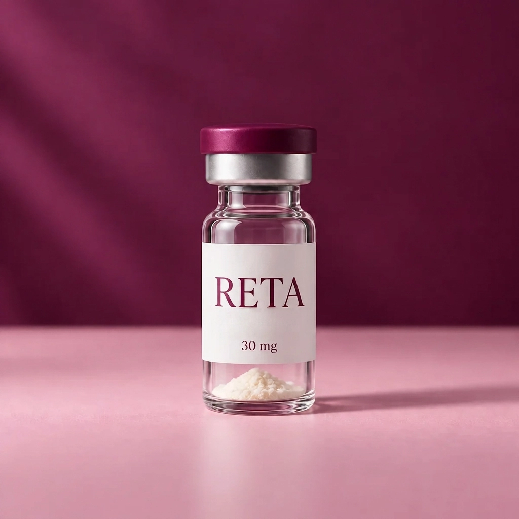 Ilustrație AI: flacon RETA cu pulbere albă, etichetă Proteină din zer și cantitatea de 30 mg
